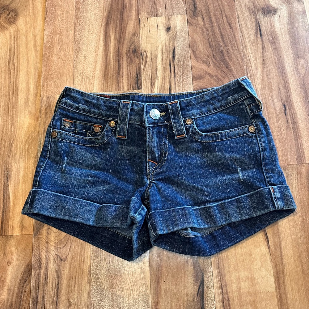 True Religion Dark Indigo Rolled Hem Denim Shorts